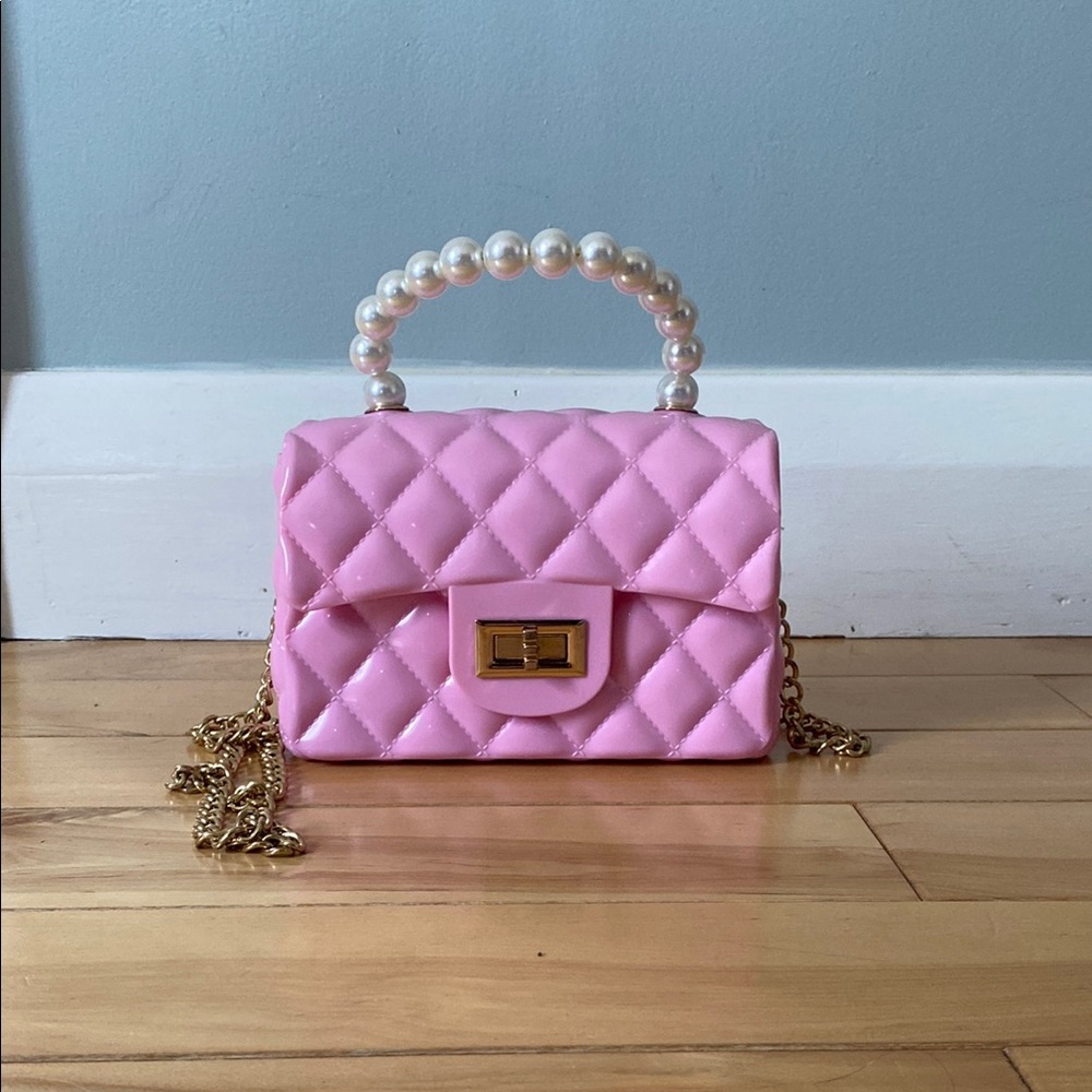 Gold and Pink Mini Quilted Bag with Chain Strap